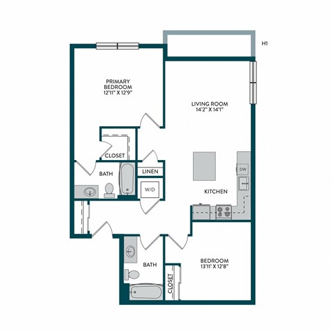 Floor plan for 2 beds, 2 baths, 942 sqft
